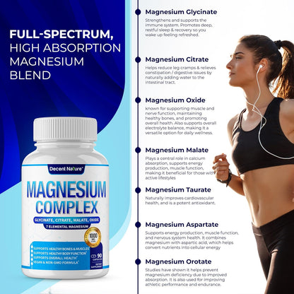 Magnesium Complex - 7 Elemental Magnesium Supplement 1000mg, 90 Capsules